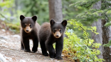 Obraz premium Adorable black bear cubs exploring wild forest