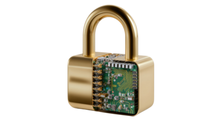 Cybersecurity Padlock: A gold padlock, revealing intricate circuit board inside, symbolizes digital security and data protection. This image evokes concepts of online safety, encryption.