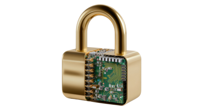 Cybersecurity Padlock: A gold padlock, revealing intricate circuit board inside, symbolizes digital security and data protection. This image evokes concepts of online safety, encryption.
