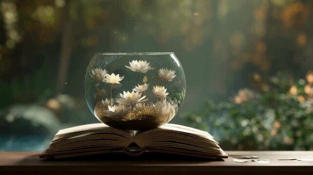 Serene Still Life Water Lilies in a Glass Bowl on an Open Book