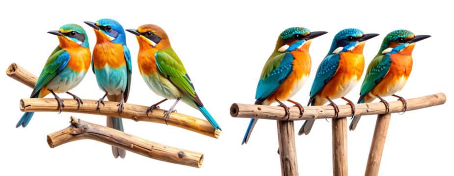 Trio of stylized songbirds on separate rustic wooden perches, isolated on transparent background