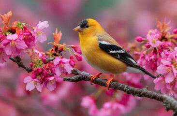 A vibrant yellow bird perched on a blossoming cherry branch surrounded by pink flowers.
