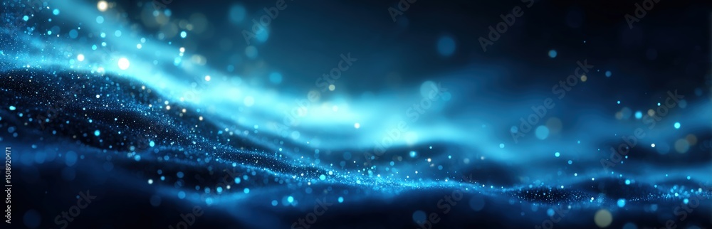 Poster glowing blue particles float over wave-like surfaces, creating a dreamy, futuristic, and abstract vi