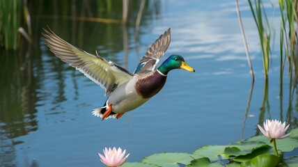 Fototapeta premium A male mallard duck in flight, wings spread, over a tranquil pond with water lilies in bloom