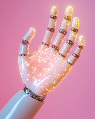 Futuristic robotic hand with glowing elements, showcasing advanced technology and design. hand appears elegant and innovative, symbolizing future