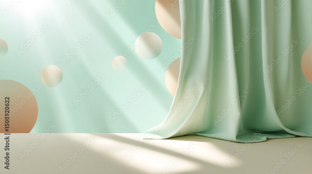 Aufkleber Sunlight filters through a soft mint green backdrop, casting gentle shadows and highlighting delicate circular shapes in a tranquil setting ideal for creative projects