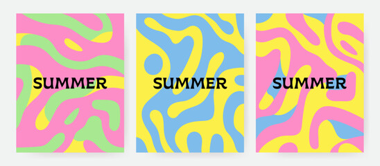 Vibrant summer vector card set with bright, juicy colors and modern abstract liquid shapes—perfect for ads, branding, banners, labels, covers, sales, events, social media, and joyful celebrations.