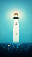 Lighthouse standing tall in serene ocean, surrounded by colorful fish and vibrant underwater plants, evokes sense of tranquility and guidance