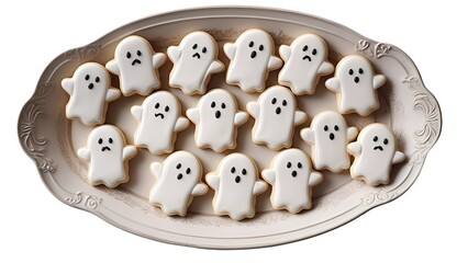 Obraz premium A charming array of ghost-shaped sugar cookies, each meticulously decorated with smooth white icing and simple black eyes and mouths that give them various endearing expressions, from happy.