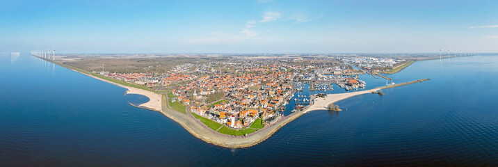 Aerial panorama from the historical town Urk at the IJsselmeer in the Netherlands