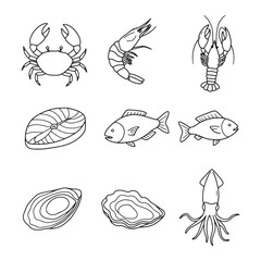 Seafood Illustrations Line Art Drawings of Crab, Shrimp, Lobster, Fish, and Oysters