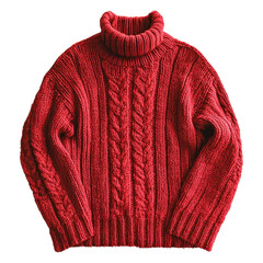 Chunky red cable-knit turtleneck sweater with long sleeves and thick, cozy texture.