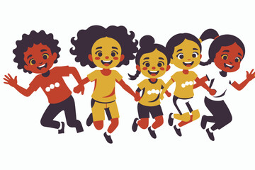 Naklejka premium Diverse Group of Happy Children Holding Hands Jumping - Cartoon Illustration of Kids Playing Together - Promoting Friendship and Unity
