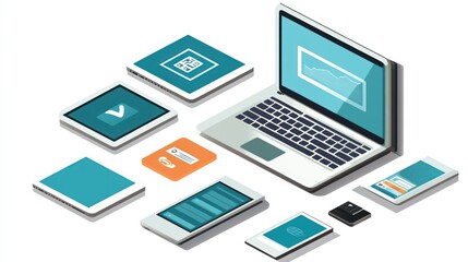 Isometric view of various digital devices; laptop, smartphones, tablets, and USB.