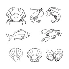 Obraz premium Seafood Line Art Illustrations Crabs, Shrimp, Fish, Lobster, Scallops, and Oysters