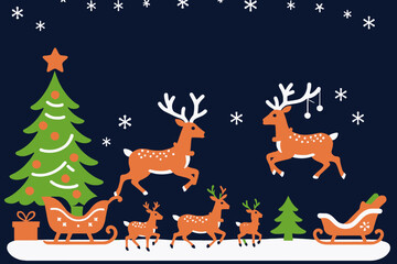 Festive Christmas Scene with Reindeer and Sleigh-Charming Holiday Illustration of Santa's Reindeer Team-Perfect for Christmas Cards and Decorations_