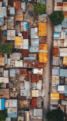 Aerial view of a vibrant slum area showcasing colorful rooftops and narrow pathways, highlighting the juxtaposition of urban life and community spirit in a densely populated zone.