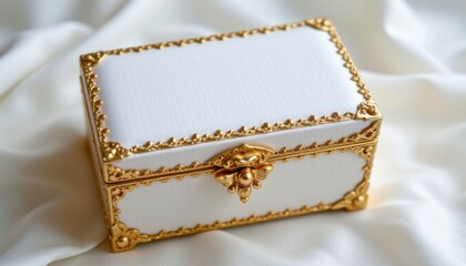 Elegant White Gold Ornate Jewelry Box on Silk Fabric