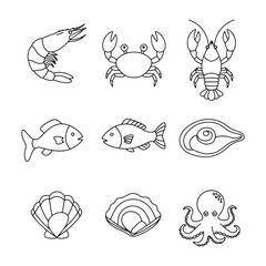 Obraz premium Collection of Seafood Line Art Illustrations Shrimp, Crab, Lobster, Fish, Oyster, Shell, Octopus