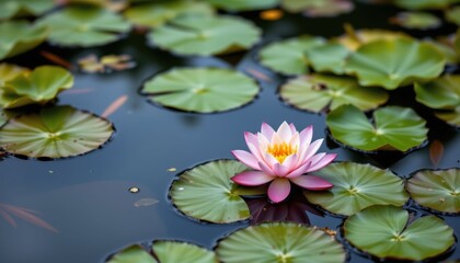 Serene Pink Water Lily Blooming on Calm Pond Water Surrounded by Lush Green Lily Pads