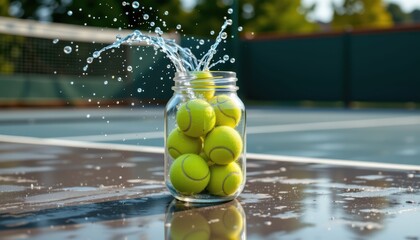 Tennis Balls in a Jar by the Courtside Splashing Water