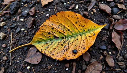 Vibrant Autumn Leaf on Dark Ground with Pebbles Nature's Autumnal Beauty