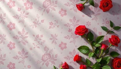 Beautiful Red Roses on Pink Floral Patterned Background Lovely Romantic Floral Arrangement