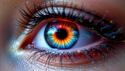 Close up Colorful Human Eye Macro Shot with Sparkling Lashes