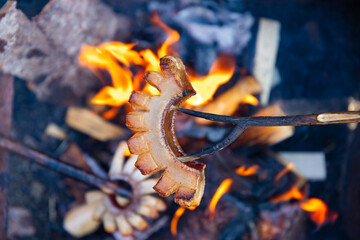 Hungarian bacon frying outdoor.
