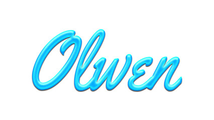 Glowing blue effect of name Olwen on white background.