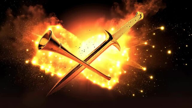 A golden Sword and Trumpet Gods last warning to humanity with Fire Effects HD