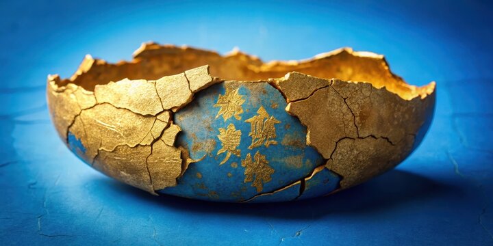 Ancient Chinese artifact lies cracked open on a blue background, revealing a mysterious message in gold ink, cryptic warning , cracked fortune cookie