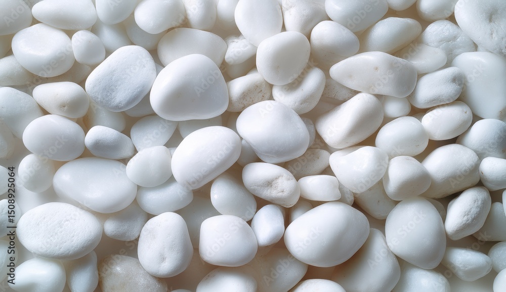Poster smooth white pebbles of various sizes arranged closely together, creating a clean and natural textur