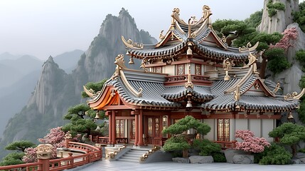 Naklejka premium Majestic chinese mountain temple surrounded by nature and scenic peaks at sunrise high resolution photo