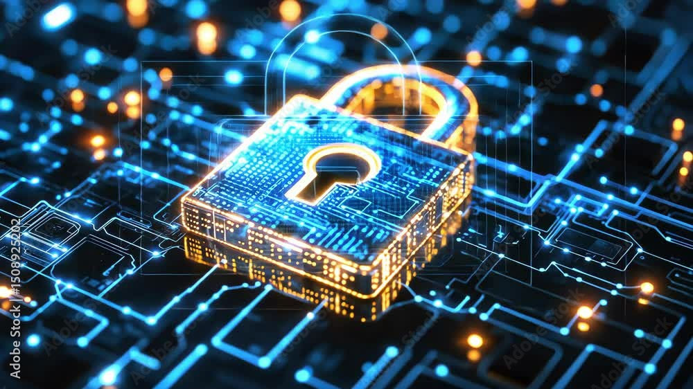 Poster digital padlock on circuit board for cyber security and technology concept, data protection.