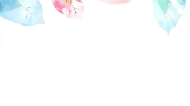 Watercolor-style floral border featuring soft pastel petals in blue, pink, and green shades along the top edge of a white background. This airy and elegant composition is ideal for seasonal designs