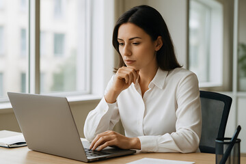 Focused at Work: A diligent professional, absorbed in the task at hand, is seen meticulously typing on a laptop at her desk, bathed in the soft natural light of a modern office.
