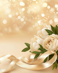 Elegant bouquet of white roses with green leaves and soft golden ribbon on blurred golden background, creating warm and romantic atmosphere
