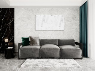 Mock up of an amazing living room with a modern comfortable sofa and a stylish hipster background, 3D rendering.