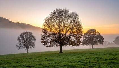 Obraz premium Bare trees and misty meadow in Autumn at dawn