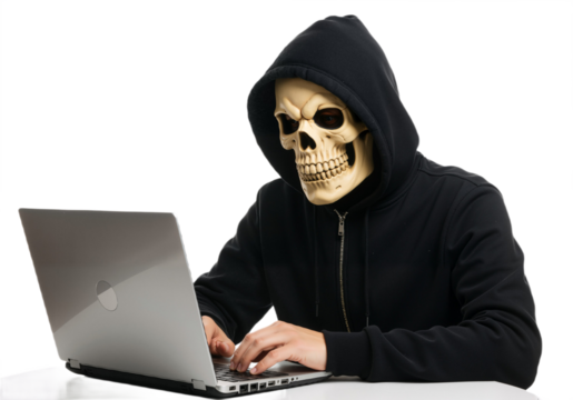 A man with a skull mask and hoodie sits at a laptop, concentrating on the task at hand.