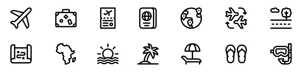 Travel icon set. Tour and travel icon set. Travel and tour icons set. Tourism vector icon. Travel and tourism linear icon set with editable stroke. Vector Illustration.