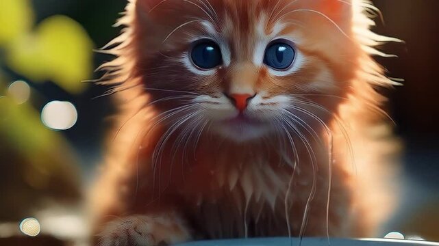 Ein orangefarbenes K&auml;tzchen sitzt mit noch leicht feuchtem Fell nach dem Trinken aus dem Napf 