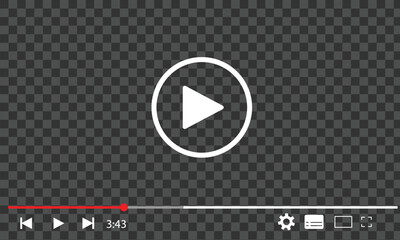 Multimedia video player with play button, play video window with navigation icons, video streaming frame on internet, modern social media video player interface template live digital stream