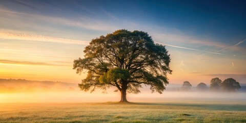 Obraz premium A stunning ash tree standing alone in a misty forest landscape at dawn, solo tree