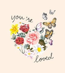 Fototapeta premium love slogan with colorful bouquet and butterflies in heart shape vector illustration created by hand drawn