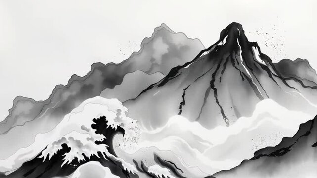 Monochrome Sumi-e Style Landscape Depicting Majestic Mountains and Powerful Ocean Waves
