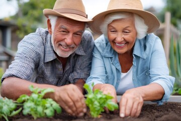 Happy senior couple planting seedlings in vegetable garden