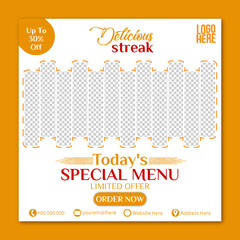 Delicious streak menu template design. food social media poster design. barbeque social media post template
