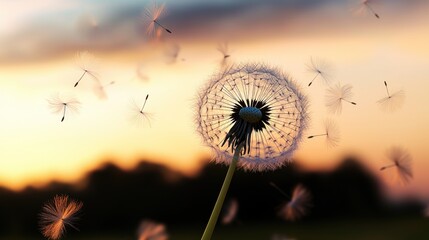 Naklejka premium Dandelion seeds disperse at sunset, field background, nature photography